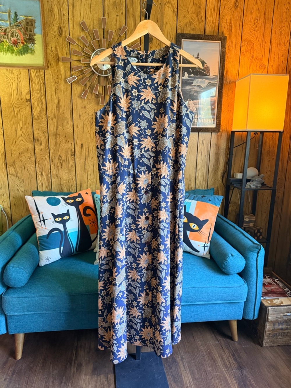 Vintage 80s Clues Collections Navy Maxi Dress with Beige Floral Print